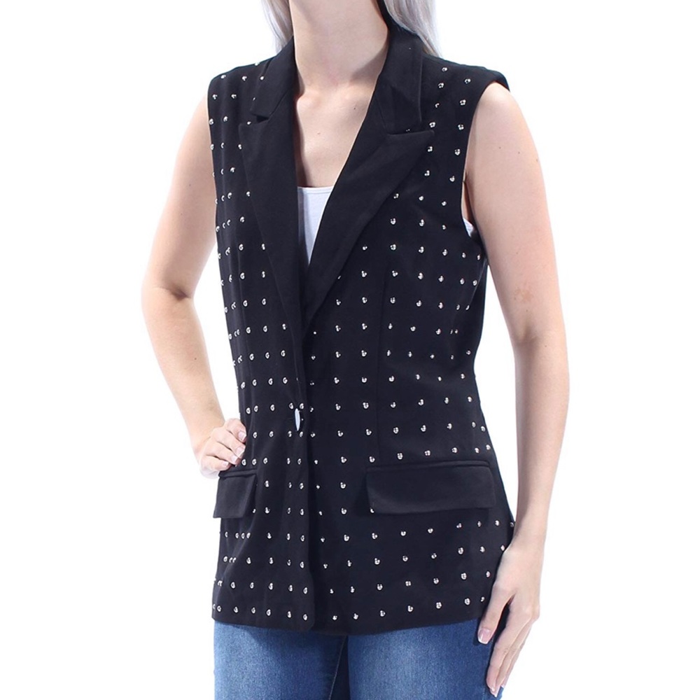 Black Silver Studded Front Tuxedo Blazer Vest - Picture 6 of 7